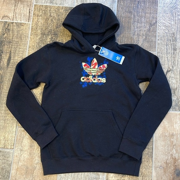 NWT Adidas Trefoil Hoodie Black Kids Large L Unisex - Picture 2 of 6